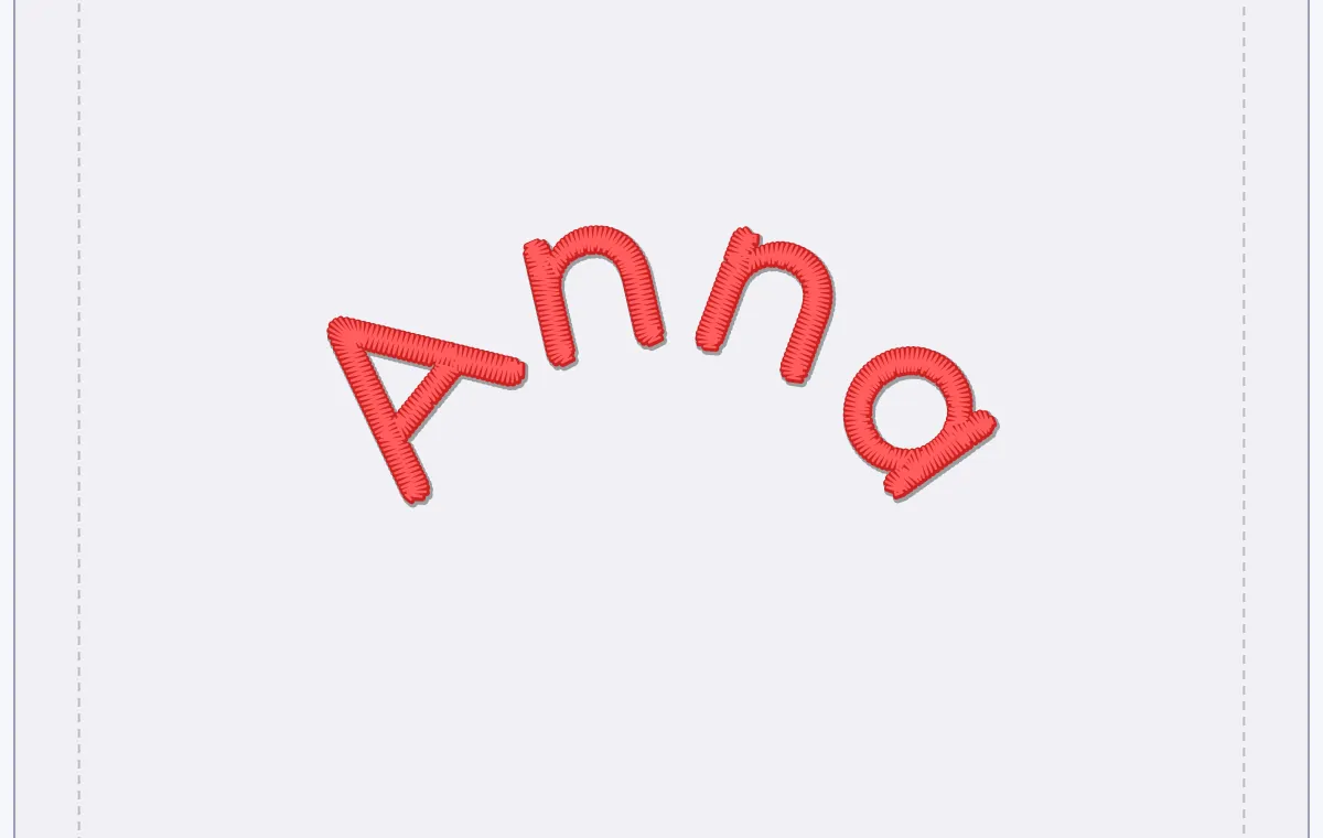 The curved name in the simulation, every letter sewn as satin