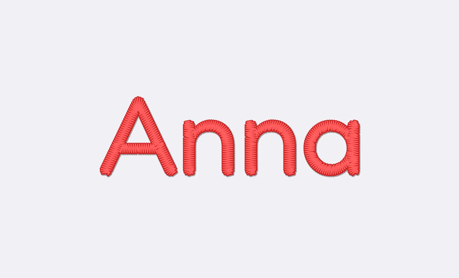 The name Anna in the simulation, each stroke of each letter sewn as one satin column