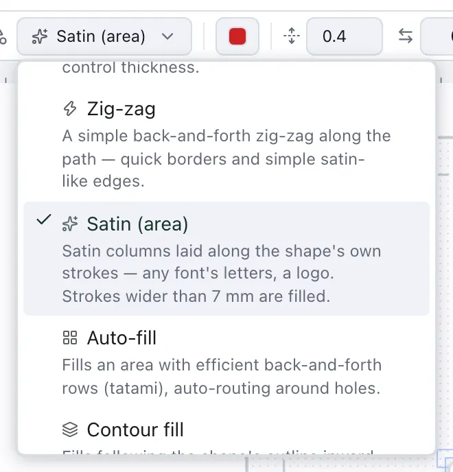 The stitch type list with Satin (area) selected, between Zig-zag and Auto-fill