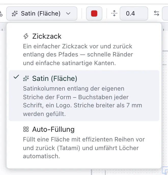 Die Liste der Sticharten mit ausgewähltem Satin (Fläche) zwischen Zickzack und Auto-Füllung