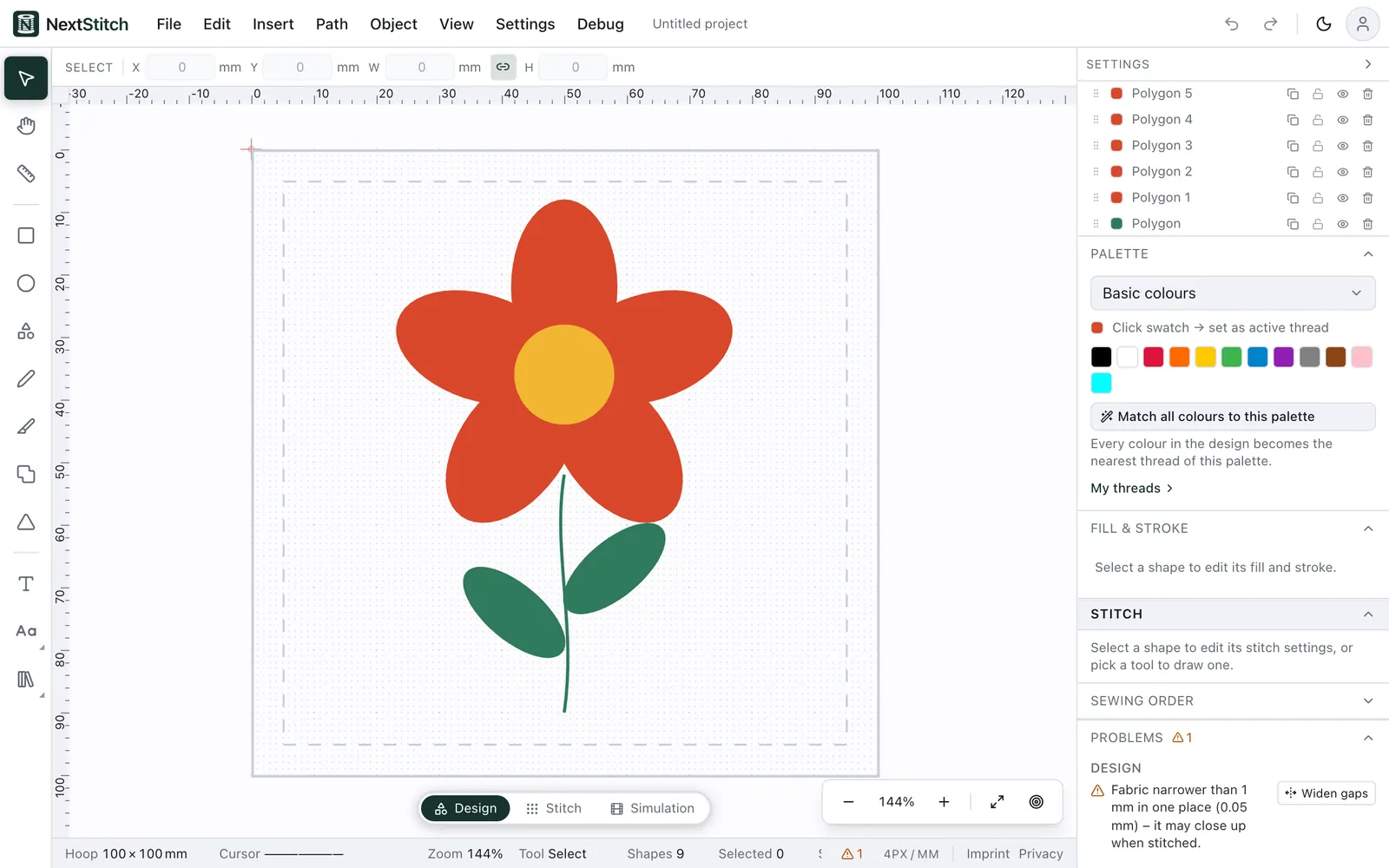 The editor with a flower design in a 100 × 100 mm hoop: tools on the left, the design in the middle, layers and the thread palette on the right