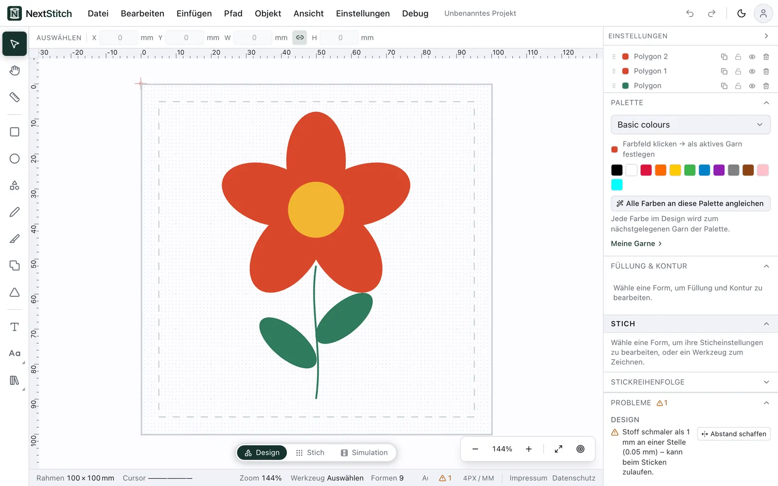 Der Editor mit einer Blume in einem 100 × 100 mm Rahmen: links die Werkzeuge, in der Mitte das Design, rechts Ebenen und Garnpalette