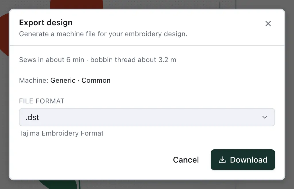 The Export design dialog with the sewing time, the machine and the file format