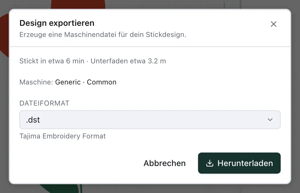 Der Dialog „Design exportieren“ mit Stickzeit, Maschine und Dateiformat