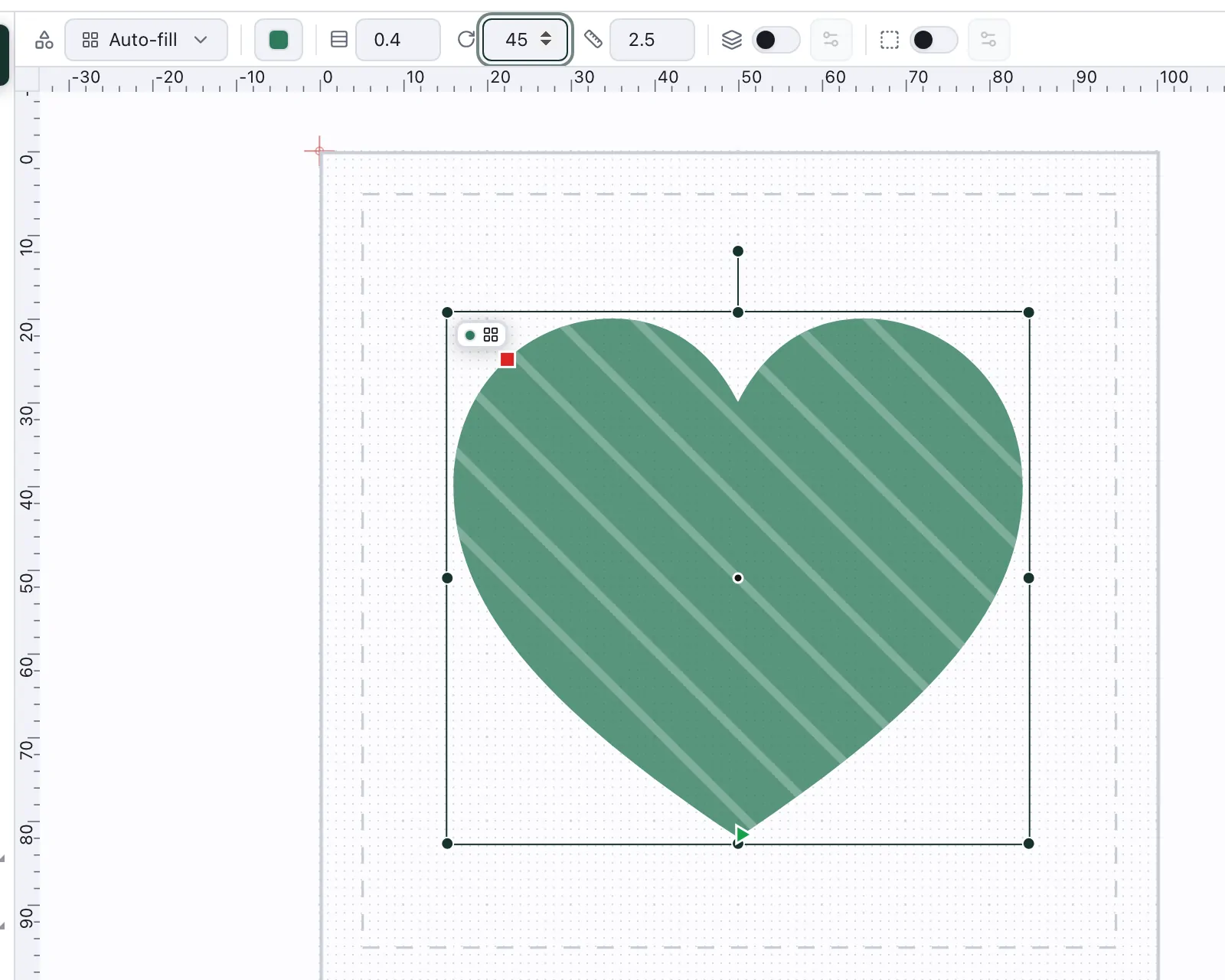 A heart in the Stitch view with its rows turned to 45 degrees