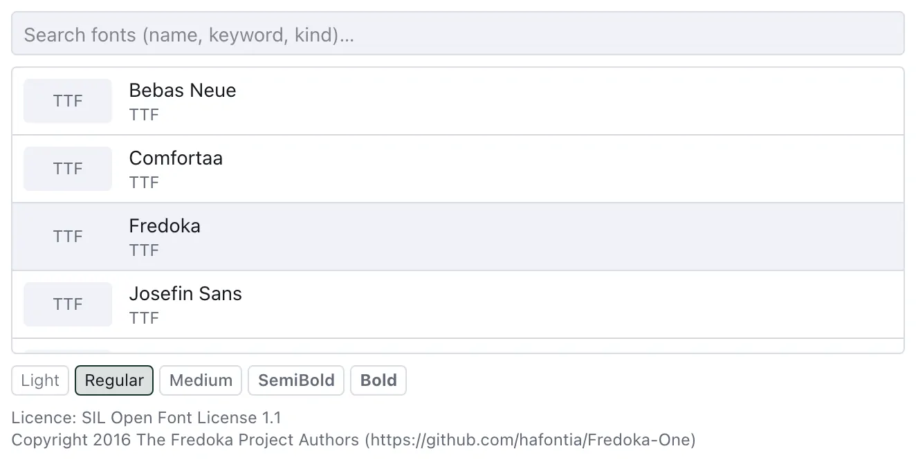 The font list with Fredoka selected, its weights and its licence