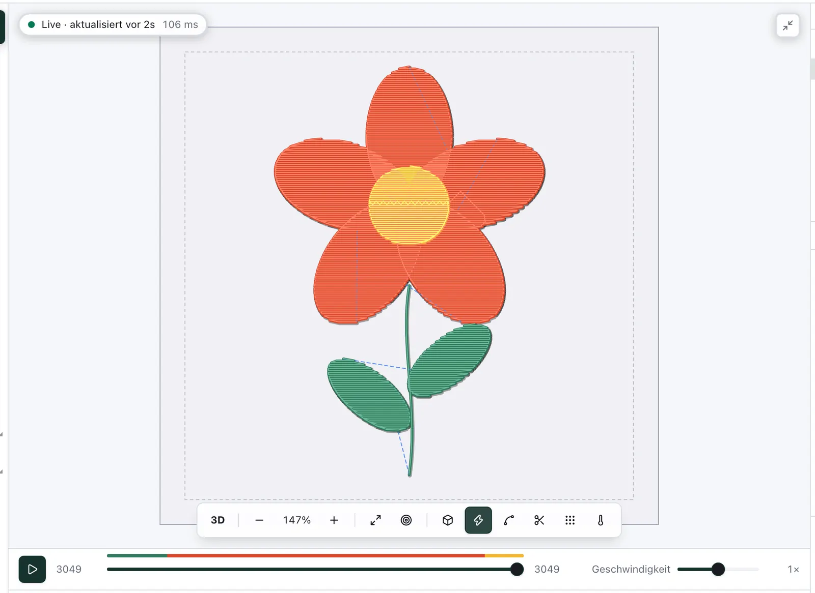 Die simulierte Blume mit ihren Sprungstichen als dünne gestrichelte Linien zwischen den Blättern