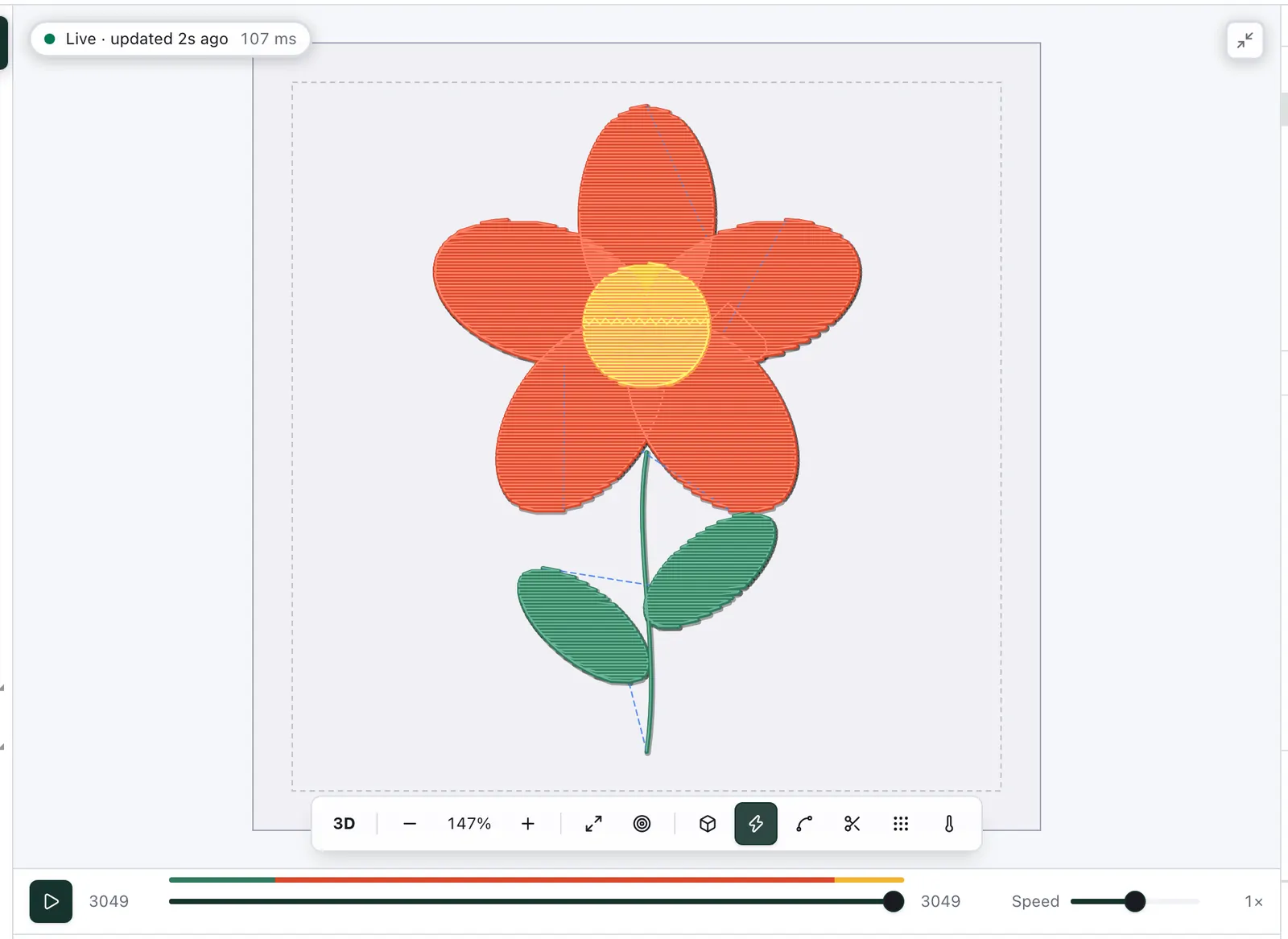 The simulated flower with its jump stitches drawn as thin dashed lines between the leaves