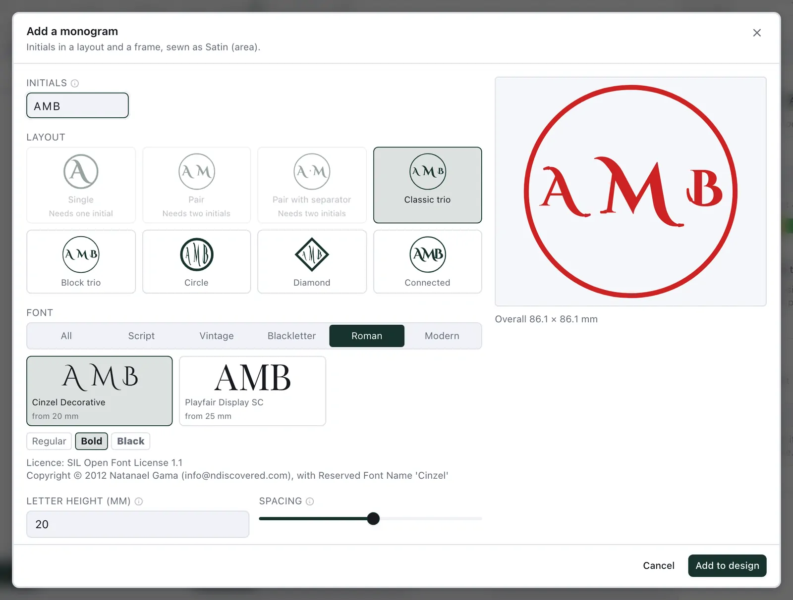 The Add a monogram dialog with the initials AMB