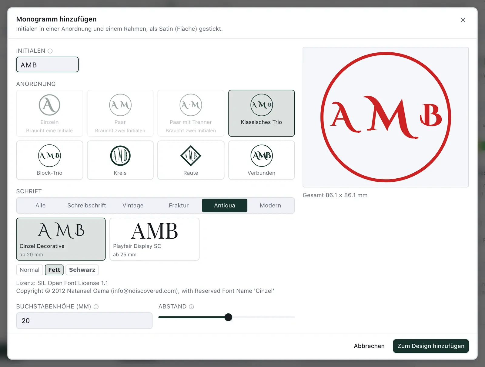 Der Dialog „Monogramm hinzufügen“ mit den Initialen AMB