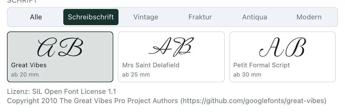 Schreibschriften, jede mit den Initialen