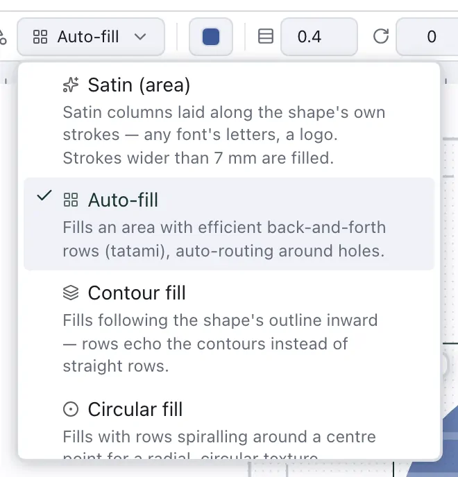 The stitch type list for a closed shape: Satin (area), Auto-fill, Contour fill and the other types that fit, each with a line on what it does, and Satin column greyed out at the end