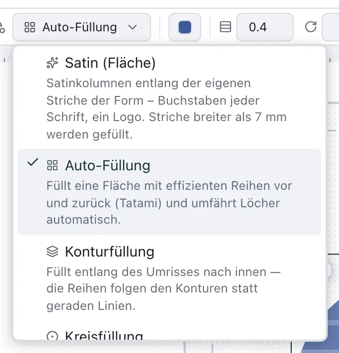 Die Liste der Sticharten für eine geschlossene Form: Satin (Fläche), Auto-Füllung, Konturfüllung und die anderen passenden Sticharten mit je einer Zeile, wofür sie gut sind, und am Ende ausgegraut die Satinkolumne