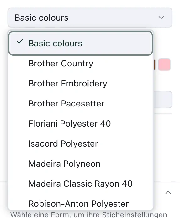 Die geöffnete Palettenliste mit Basic colours und den Garnserien darunter