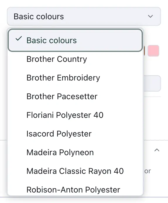 The palette list open, with Basic colours and the thread lines below it