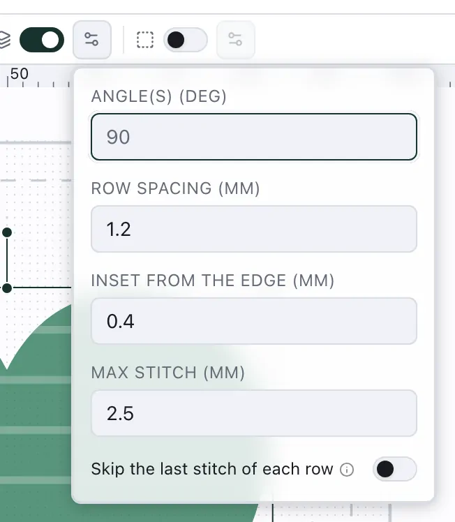 The Underlay switch turned on, with its settings open from the gear: angle, row spacing, inset from the edge, longest stitch and skipping the last stitch of each row