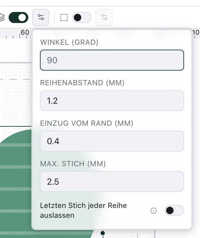 Der Schalter Unterlage eingeschaltet, ihre Einstellungen am Zahnrad geöffnet: Winkel, Reihenabstand, Einzug vom Rand, längster Stich und Auslassen des letzten Stichs jeder Reihe